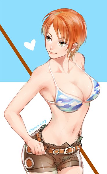 Anime picture 600x973 with one piece toei animation nami (one piece) kanapy single tall image short hair breasts light erotic large breasts brown eyes signed looking away orange hair hand on hip girl shorts short shorts bikini top