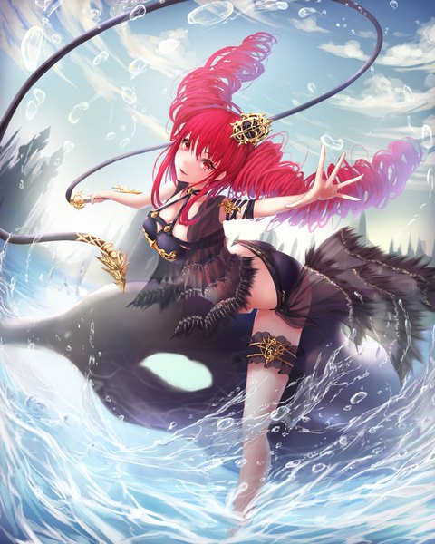 Anime picture 880x1100 with original h2o (dfo) single long hair tall image looking at viewer fringe open mouth light erotic smile hair between eyes red eyes twintails payot sky cloud (clouds) red hair leaning leaning forward floating hair