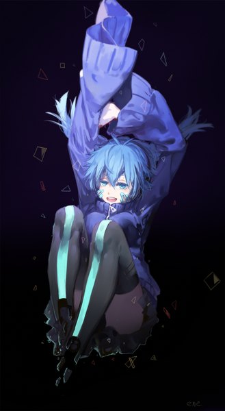 Anime picture 800x1455 with kagerou project shaft (studio) ene (kagerou project) cici single long hair tall image looking at viewer open mouth blue eyes twintails blue hair long sleeves facial mark dark background girl thighhighs skirt sweater