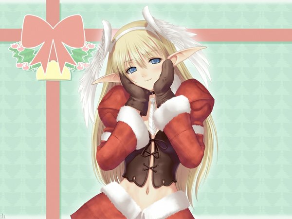 Anime picture 1024x768 with tony taka single long hair looking at viewer blush blue eyes blonde hair smile light smile pointy ears midriff christmas elf head wings girl navel mittens