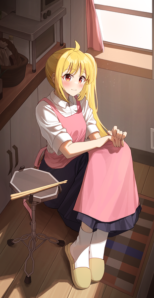Anime picture 2925x5644 with bocchi the rock! cloverworks ijichi nijika hinen single long hair tall image blush highres blonde hair smile red eyes sitting full body ahoge indoors from above side ponytail floor girl