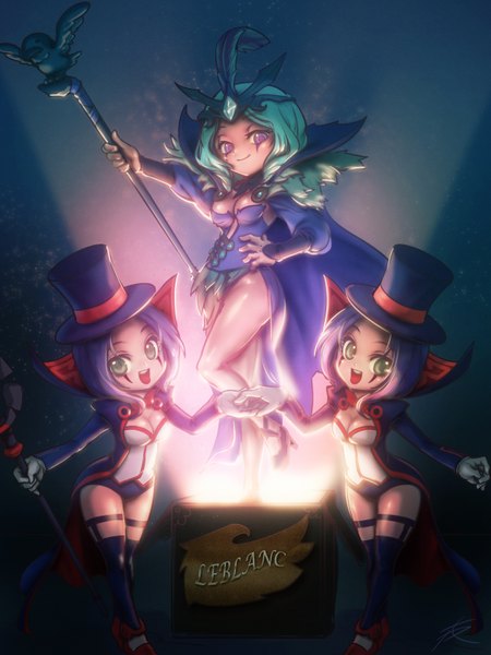 Anime picture 1200x1600 with league of legends emilia leblanc phantom (ptcrow) tall image looking at viewer short hair breasts open mouth light erotic smile standing purple eyes green eyes purple hair aqua hair hand on hip multiple persona girl thighhighs black thighhighs
