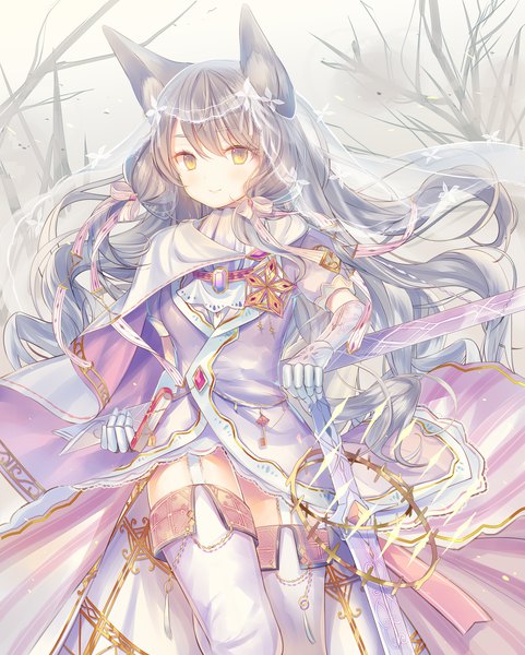 Anime picture 2000x2495 with original yosuga ioru single long hair tall image looking at viewer highres smile animal ears yellow eyes silver hair girl thighhighs dress gloves weapon white thighhighs sword