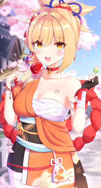 Anime picture 1790x3335 with genshin impact yoimiya (genshin impact) caffeinechara single tall image looking at viewer blush fringe highres short hair breasts open mouth light erotic blonde hair smile hair between eyes bare shoulders yellow eyes sky traditional clothes