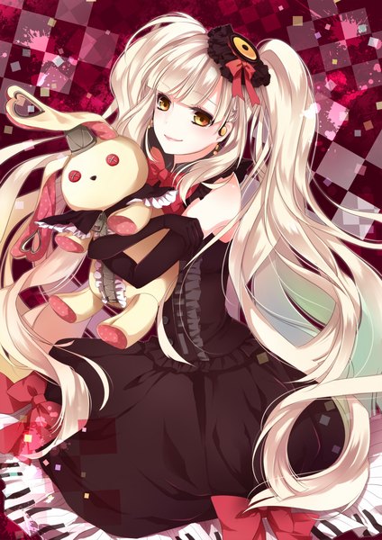 Anime picture 1100x1555 with vocaloid mayu (vocaloid) usano mimi an-mar (tukumoooon) tall image blonde hair twintails yellow eyes very long hair girl dress gloves bow hair bow hat elbow gloves toy stuffed animal