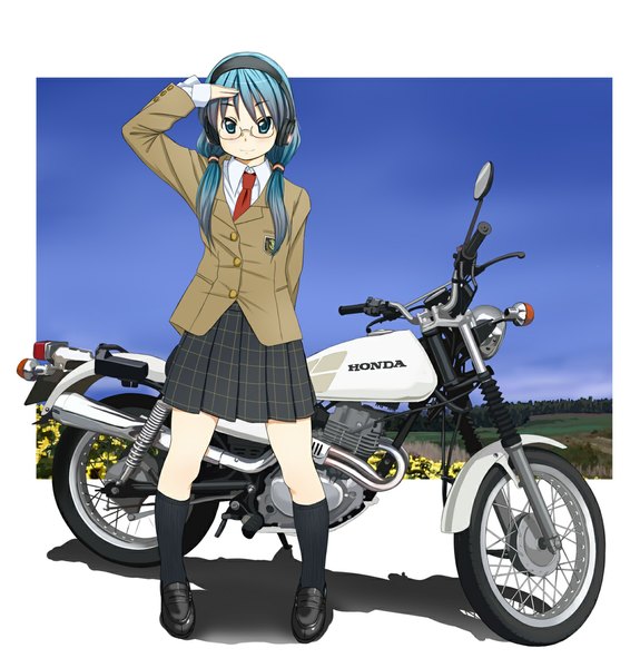 Anime picture 1129x1179 with vocaloid honda hatsune miku retsumaru single long hair tall image standing twintails full body aqua eyes aqua hair low twintails border outside border salute girl skirt uniform school uniform