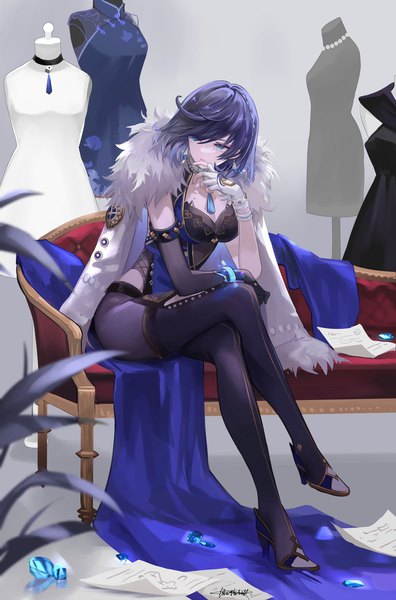 Anime picture 1350x2048 with genshin impact yelan (genshin impact) issign single tall image short hair blue eyes sitting blue hair looking away full body crossed legs clothes on shoulders girl gloves earrings couch paper gem mismatched gloves
