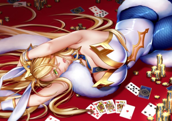Anime picture 1412x1000 with fate (series) fate/grand order artoria pendragon (all) artoria pendragon (swimsuit ruler) (fate) arkray single long hair looking at viewer blush fringe breasts light erotic blonde hair animal ears cleavage lying parted lips from above hair over one eye sparkle