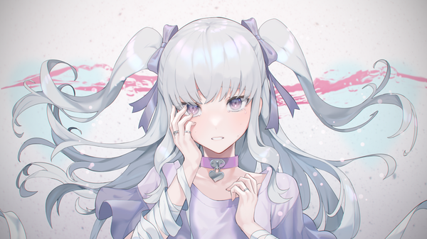 Anime-Bild 2304x1296 mit original wakahiko single long hair looking at viewer highres wide image purple eyes silver hair upper body two side up floating hair hand on cheek girl bow hair bow ring collar