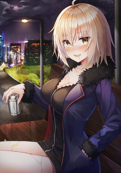 Anime-Bild 1000x1421 mit fate (series) fate/grand order jeanne d'arc (fate) (all) jeanne d'arc alter (fate) lkeris single tall image looking at viewer blush fringe short hair breasts open mouth light erotic blonde hair smile hair between eyes large breasts sitting holding