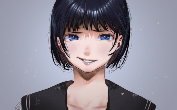 Anime picture 1024x640 with original kamiyama aya single looking at viewer fringe short hair blue eyes black hair simple background smile upper body grey background mole face girl uniform serafuku