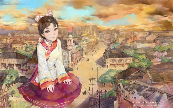 Anime picture 1280x799 with original amatiz long hair smile brown hair wide image brown eyes sky cloud (clouds) nail polish city giant girl dress bow hair bow earrings