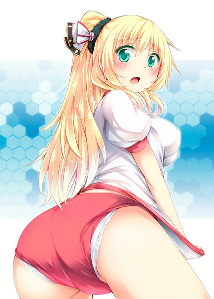 Anime picture 715x1000 with kantai collection atago heavy cruiser tekehiro single long hair tall image looking at viewer blush breasts blue eyes light erotic blonde hair large breasts ass ponytail looking back embarrassed turning head cameltoe girl