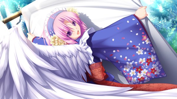Anime picture 1024x576 with kamidori alchemy meister eushully single looking at viewer open mouth wide image pink hair game cg traditional clothes pink eyes angel wings angel girl wings