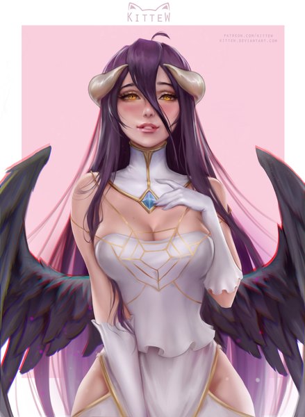 Anime picture 2928x4000 with overlord (maruyama) madhouse albedo (overlord) daria leonova single long hair tall image looking at viewer blush fringe highres light erotic black hair simple background smile hair between eyes standing bare shoulders signed yellow eyes