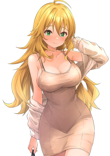 Anime picture 2508x3541 with idolmaster idolmaster (classic) idolmaster million live! hoshii miki b1ack illust single long hair tall image looking at viewer blush fringe highres breasts light erotic simple background blonde hair smile hair between eyes large breasts standing