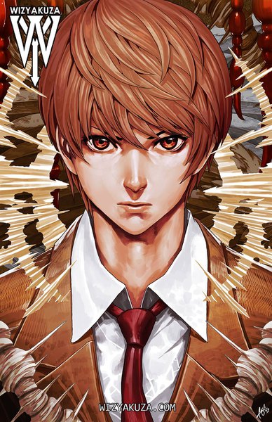 Anime picture 880x1360 with death note madhouse yagami light wizyakuza single tall image looking at viewer fringe short hair hair between eyes brown hair brown eyes signed upper body realistic portrait boy uniform school uniform shirt