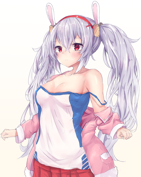 Anime picture 1436x1800 with azur lane laffey (azur lane) yu-kinouhasu single long hair tall image looking at viewer blush fringe breasts light erotic simple background hair between eyes red eyes white background twintails bare shoulders animal ears payot silver hair