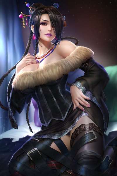 Anime picture 800x1199 with final fantasy final fantasy x square enix lulu nudtawut thongmai single long hair tall image looking at viewer fringe breasts light erotic black hair smile large breasts sitting bare shoulders brown eyes indoors braid (braids)