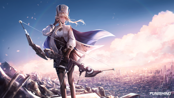 Anime picture 2000x1125 with punishing: gray raven bianca (punishing: gray raven) yuli (yulipo) single long hair fringe highres blonde hair hair between eyes wide image standing holding looking away sky cloud (clouds) outdoors long sleeves arm up wind blurry