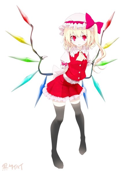 Anime picture 1961x2744 with touhou flandre scarlet oouso (usotsukiya) single tall image highres short hair simple background blonde hair red eyes girl thighhighs dress skirt bow black thighhighs wings bonnet skirt set