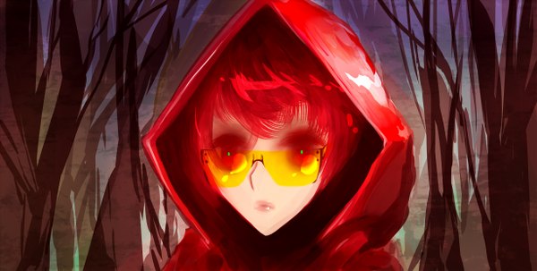 Anime picture 2454x1240 with original jjune single highres red eyes wide image glowing face glowing eye (eyes) girl plant (plants) tree (trees) hood sunglasses