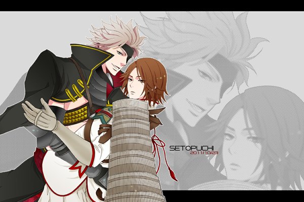 Anime picture 1182x787 with sengoku basara production i.g motochika chousokabe motonari mouri short hair open mouth brown hair brown eyes green eyes white hair inscription multiple boys hug grin shounen ai boy gloves armor 2 boys eyepatch