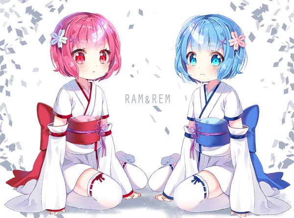 Anime picture 1002x744 with re:zero kara hajimeru isekai seikatsu white fox rem (re:zero) ram (re:zero) chocho (homelessfox) looking at viewer blush short hair blue eyes multiple girls blue hair pink hair full body traditional clothes japanese clothes pink eyes horn (horns) no shoes character names sleeves past wrists