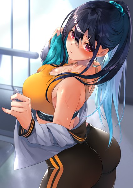 Anime picture 1447x2046 with original eel mizue single long hair tall image looking at viewer blush fringe breasts open mouth light erotic black hair hair between eyes red eyes large breasts standing payot cleavage ass ponytail