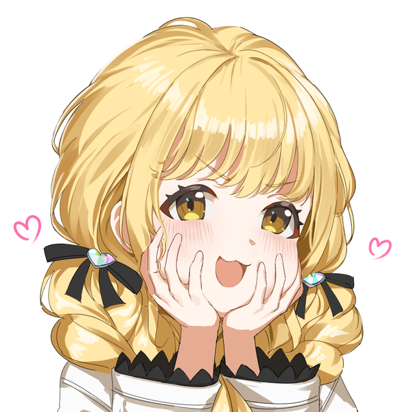 Anime picture 1280x1289 with idolmaster gakuen idolmaster fujita kotone makarony single long hair tall image blush open mouth simple background blonde hair white background yellow eyes upper body braid (braids) :d twin braids hands on face girl heart