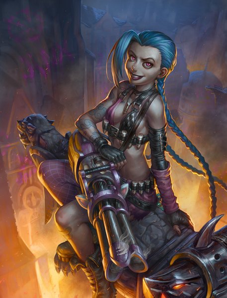 Anime picture 971x1275 with league of legends jinx (league of legends) speeh single tall image looking at viewer light erotic smile sitting blue hair very long hair pink eyes tattoo girl thighhighs gloves weapon boots gun single thighhigh
