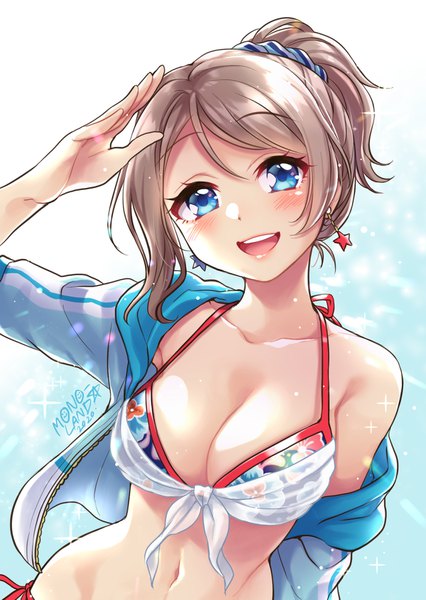 Anime picture 1200x1691 with love live! sunshine!! sunrise (studio) love live! watanabe you mono land single tall image looking at viewer blush fringe short hair breasts open mouth blue eyes light erotic simple background smile hair between eyes large breasts signed