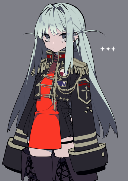 Anime picture 1736x2456 with original mochizuki kei single long hair tall image looking at viewer fringe highres payot blunt bangs aqua hair grey background grey eyes piercing ear piercing side slit lacing hands in sleeves girl uniform