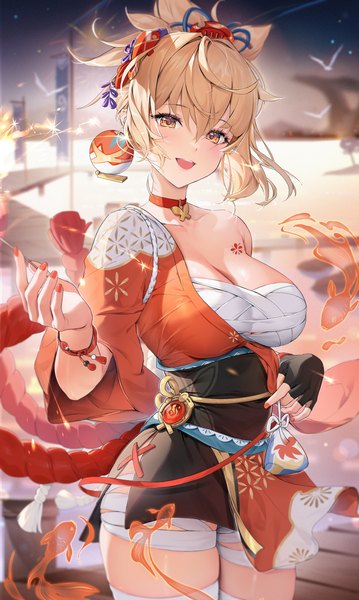Anime picture 2394x4000 with genshin impact yoimiya (genshin impact) houkisei single tall image looking at viewer blush highres short hair breasts open mouth light erotic blonde hair smile large breasts standing payot nail polish traditional clothes head tilt