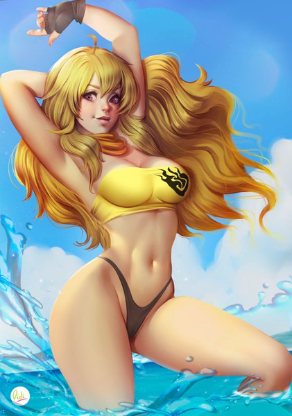 Anime picture 2064x2939 with rwby rooster teeth yang xiao long didi esmeralda single long hair tall image looking at viewer blush fringe highres breasts light erotic blonde hair purple eyes signed sky cleavage cloud (clouds) ahoge