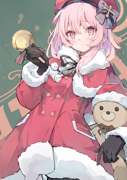 Anime picture 1488x2105 with blue archive serina (blue archive) serina (christmas) (blue archive) koomoi single long hair tall image looking at viewer blush fringe hair between eyes pink hair pink eyes from above fur trim official alternate costume christmas girl gloves black gloves