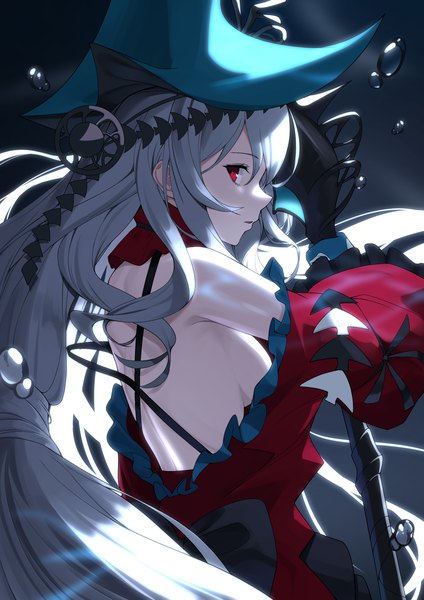 Anime picture 2480x3508 with arknights skadi (arknights) skadi the corrupting heart (arknights) ett single long hair tall image looking at viewer fringe highres open mouth light erotic hair between eyes red eyes bare shoulders silver hair profile official alternate costume frilled dress girl