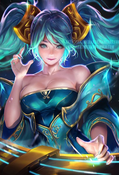Anime picture 600x882 with league of legends sona buvelle sakimichan single tall image looking at viewer fringe smile twintails bare shoulders signed long sleeves very long hair nail polish aqua eyes realistic aqua hair wide sleeves watermark game