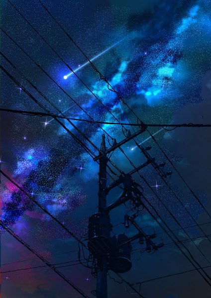 Anime picture 2480x3508 with original sumassha t t tall image highres cloud (clouds) outdoors night night sky no people scenic shooting star milky way meteor rain star (stars) power lines cable pole telephone pole