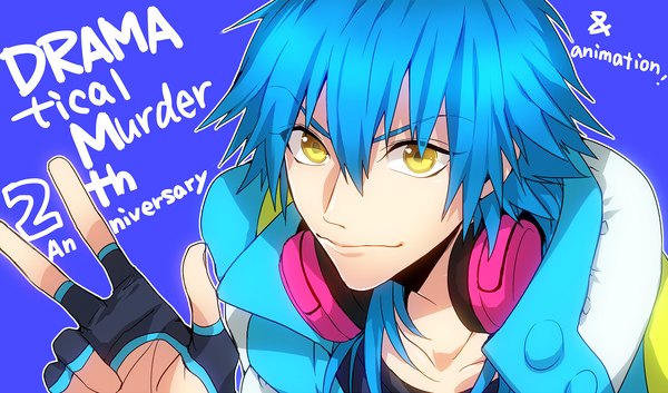 Anime picture 1178x694 with dramatical murder nitro+chiral aoba (dmmd) yuta arata single long hair fringe simple background hair between eyes wide image yellow eyes blue hair looking away upper body from above open jacket copyright name text victory eyebrows