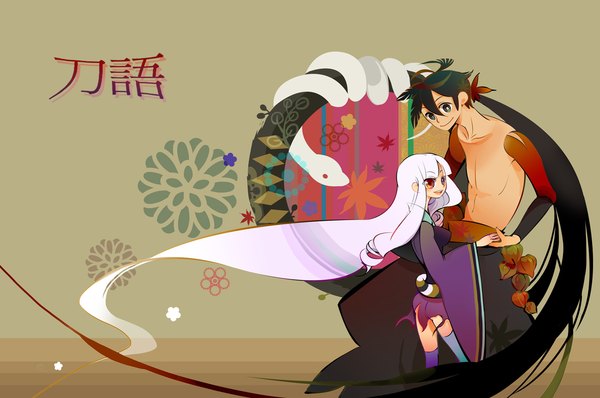 Anime picture 1280x850 with katanagatari white fox togame yasuri shichika black hair white hair very long hair snake