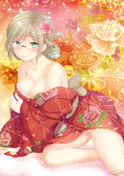 Anime picture 705x1000 with kantai collection katori (kantai collection) izumi akane single tall image blush short hair breasts light erotic brown hair green eyes cleavage traditional clothes japanese clothes girl flower (flowers) glasses kimono obi