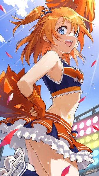 Anime picture 1516x2695 with love live! school idol project sunrise (studio) love live! kousaka honoka wedo single tall image looking at viewer fringe short hair breasts open mouth blue eyes light erotic smile hair between eyes sky cloud (clouds) outdoors :d