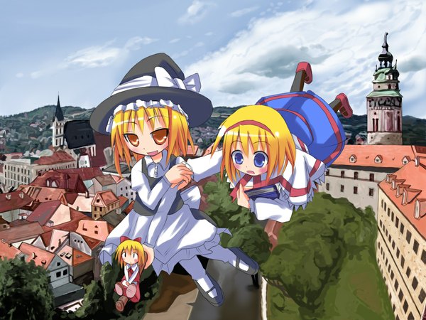 Anime picture 1024x768 with touhou kirisame marisa alice margatroid shanghai sky city flying broom riding girl broom