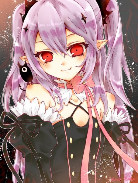 Anime picture 700x924 with owari no seraph wit studio kururu tepes arukanu choconyan long hair tall image blush fringe smile hair between eyes red eyes signed purple hair pointy ears teeth fang (fangs) two side up puffy sleeves lens flare