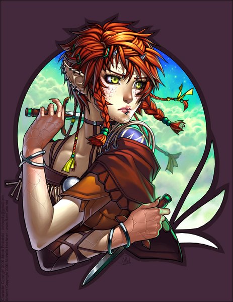 Anime picture 765x990 with original michelle hoefener single tall image short hair green eyes looking away braid (braids) fingernails lips pointy ears orange hair realistic piercing long fingernails girl hair ornament weapon bracelet hairclip