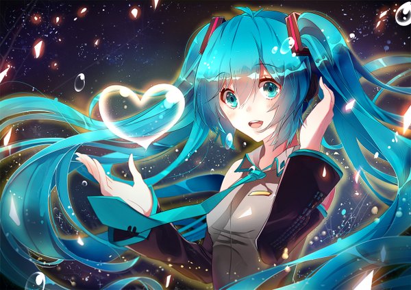 Anime picture 1300x918 with vocaloid hatsune miku phino (jinko0094) single looking at viewer blush open mouth twintails very long hair aqua eyes aqua hair dark background girl detached sleeves necktie heart headphones