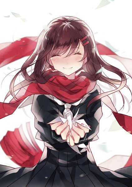 Anime picture 777x1099 with kagerou project shaft (studio) tateyama ayano domotolain single long hair tall image blush simple background smile brown hair standing white background eyes closed pleated skirt girl skirt hair ornament serafuku necktie