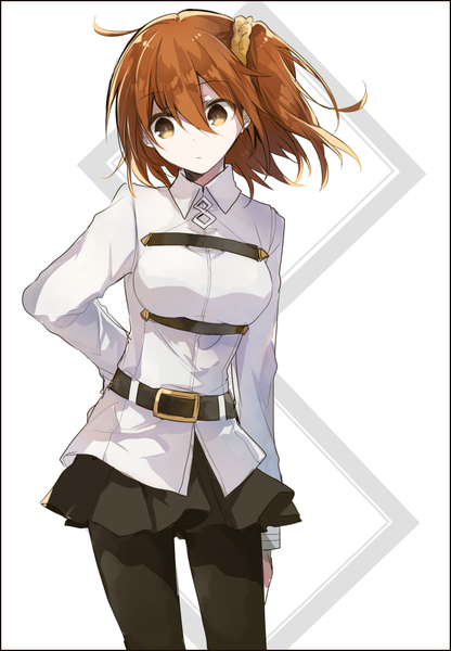 Anime-Bild 700x1008 mit fate (series) fate/grand order fujimaru ritsuka (female) cyawa single tall image fringe short hair hair between eyes standing white background yellow eyes looking away ahoge orange hair hand on hip one side up girl pantyhose belt