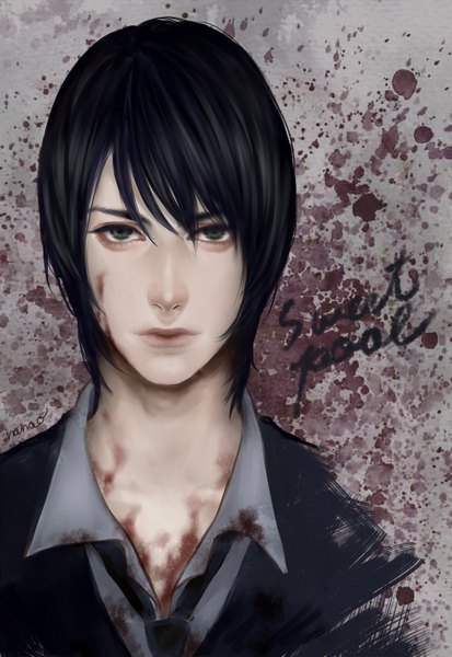 Anime picture 1000x1453 with sweet pool nitro+chiral youji sakiyama nanao (artist) single tall image looking at viewer fringe short hair green eyes signed realistic inscription open collar dark hair boy uniform school uniform shirt necktie